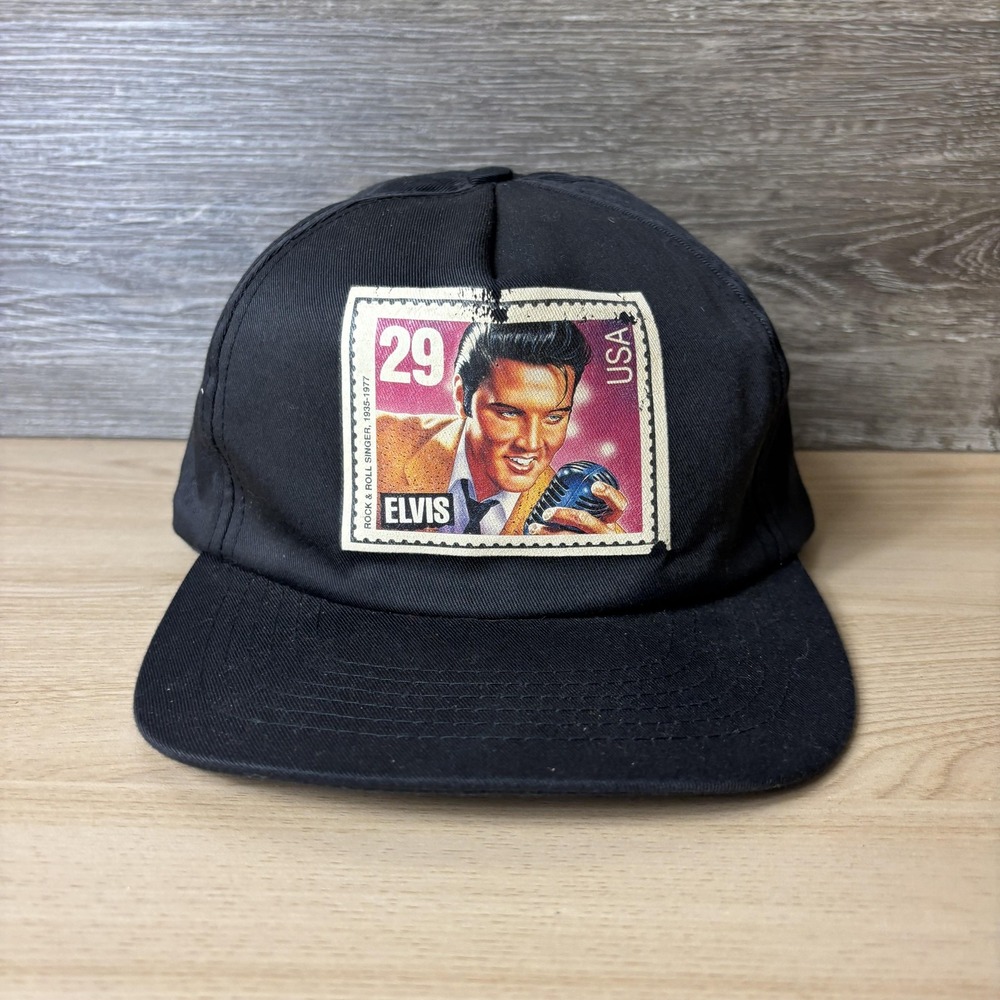 Vintage Elvis Hat Cap Snap Back Black Postage Stamp Graphic Patch Mens Music